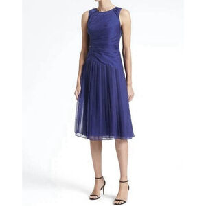 NWT Banana Republic Rouched Pleated Midi Dress Size:8P Fit&Flare Granite Blue
